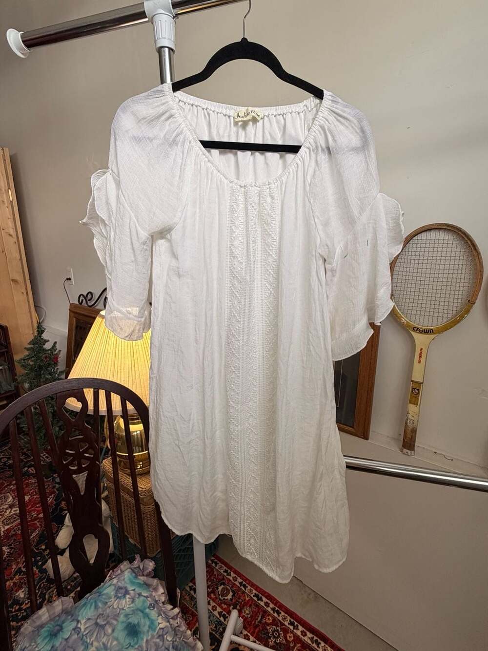 White Lace Coastal Farm Girl Cottage Peasant Cover Up Dress Milkmaid Size S